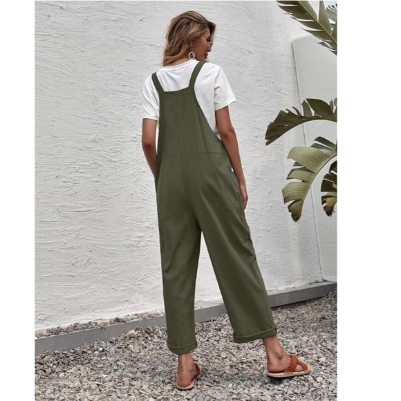 Army Green Casual Overalls w/ Pockets Rolled Up Hem - Picture 2 of 7